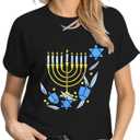 Hanukkah Shirt Women Happy Hanukkah T-Shirt Menorah Candles Short Sleeve Jewish Chanukah Tee Tops (L)