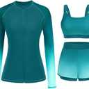 3 Piece Rash Guard for Women - Long Sleeve Swimsuits with Shorts SPF Zip up Swim Shirt with Built in Bra, Large