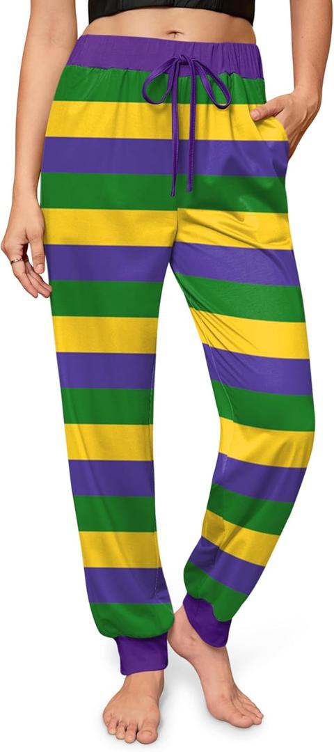 For G and PL Mardi Gras Women's Striped Drawstring Cuff Jogger Pants Festival Casual Leggings Stripeds S