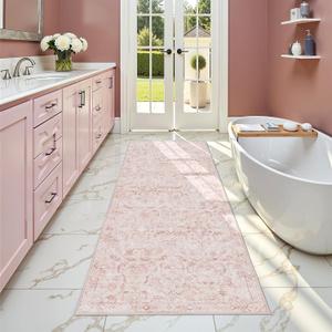 Pink 2x6 Runner Rug for Hallways Bed Side Kitchen, Boho Washable Distressed Low-Pile Floor Entryway Long Bathroom Mat, Non-Slip Laundry Room Washstand Front Carpet Green 24x72 Inch