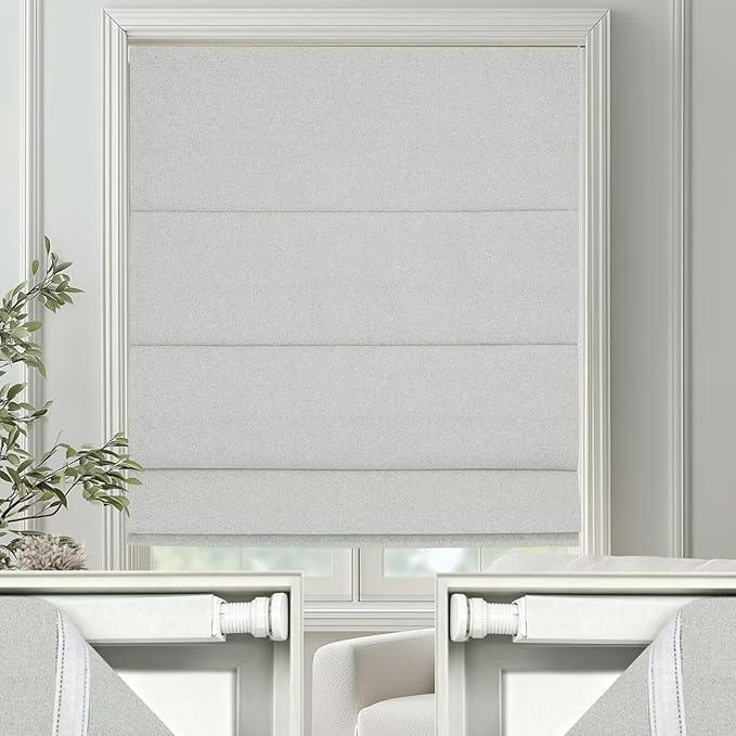 Changshade No Drill Roman Shades Cordless Blinds Blackout for Indoor Windows, Room Darkening Black Out Tension Rod No Hardware No Tools Inside Mount,Shade Size 22 Inch Wide 50 Inch High,Greyish‌ White