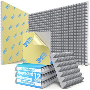 12 Pack Pyramid Sound Proof Foam Panels for Walls with Updated Self-Adhesive 2"X12"X12" High Density Acoustic Panels Sound Absorbing Fast-Expanding Soundproof Wall Panels for Gaming Studio Decor- Gray