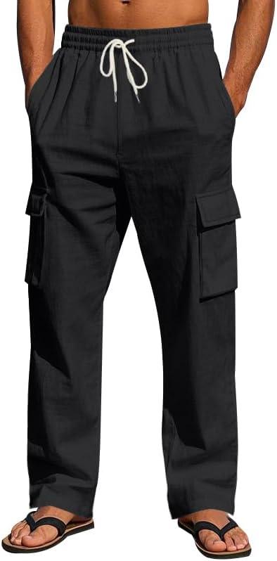 Men's Casual Cargo Pants Relaxed Fit Elastic Waist Drawstring Side Cargo Pockets Trouser Lightweight Work Pants (3X-Large, Black)