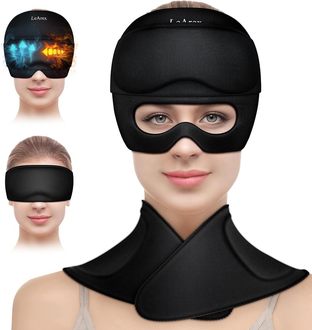 3 in 1 Migraine Relief Cap Neck Ice Pack Wrap Gel and Ice Eye Masks, Detachable Ice Caps with Eyes Masks, Hot and Cold Therapy for Relief of Headaches, Stiff Neck and Eye Fatigue (Black)