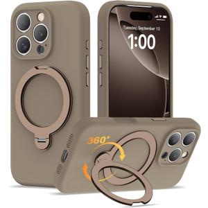 Compatible with iPhone 16 Pro Case 6.3'' with 360 Spin Magnetic Ring Stand[Compatible with Mag-Safe] Soft Liquid Silicone 16 Pro Case for Men Women,Desert Gold