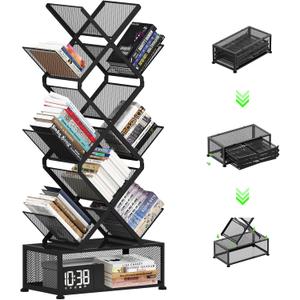 Gintan 9-Tier Space Saving Book Shelf with Storage,Bedroom Shelves Folding Bookshelves,No Installation Required Shelf Tree Metal Bookshelf for Living Room,Study,Home Office,Bed Room (Black)