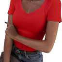 Roselux Women V Neck Ribbed Fitted Tight Tshirt Short Sleeve Shirt Basic Knit Top (Small, Red)