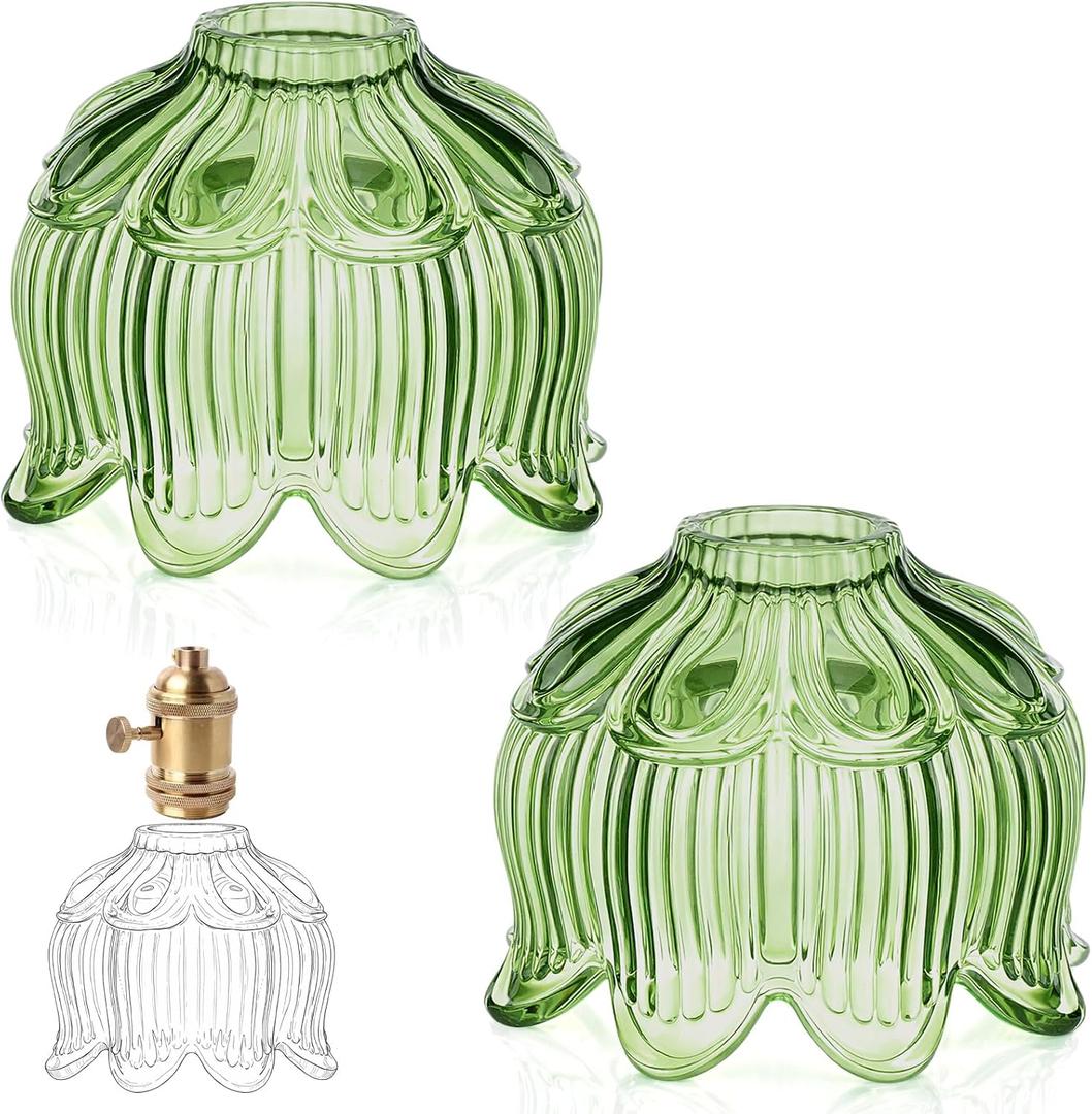 Teenyyou 2 Pcs Green Glass Lotus Lamp Shade Small Flower Sconce Shade E26 Base 1.38" Top x 4.92" Dia. x 4.13" H Mini Lampshade Replacement for Floor Table Chandelier Decor Vanity Pendant Light Cover