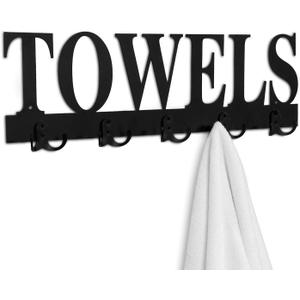 MyGift Wall Mounted Black Metal Towel Rack with 5 Dual Hooks and Cut Out Towels Design, Decorative Hanging Towel Hooks