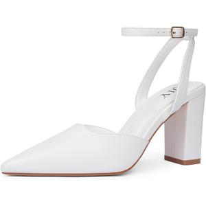 QIY White Closed Toe Heels for Women Pointed Toe Chunky Block Heels for Women White Ankle Strap Slingback Sling Back 3 inch High Heel Women's Pumps Strappy Formal Wedding Dress Shoes Size 6