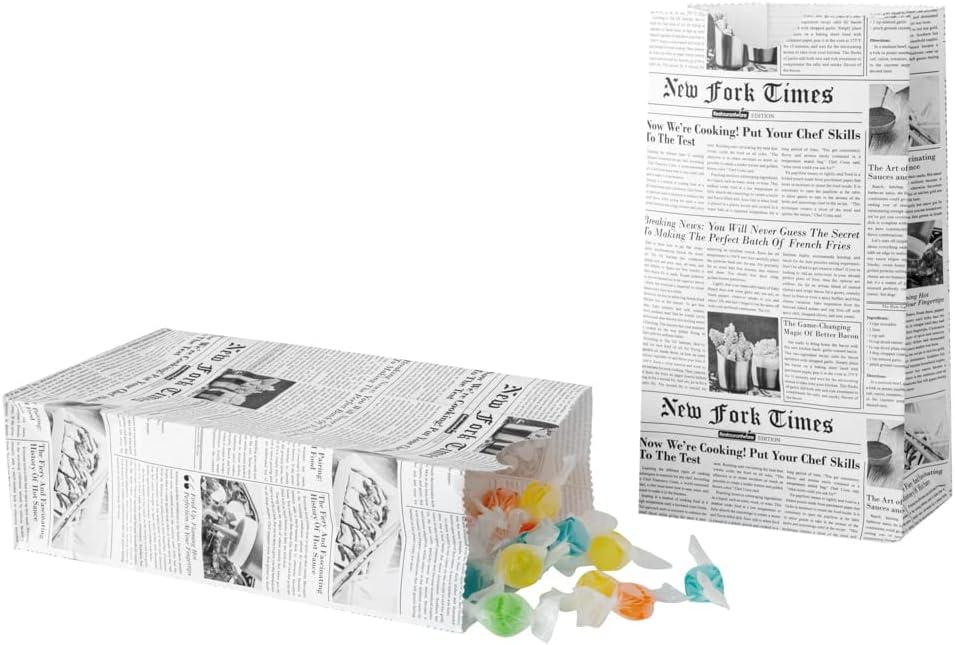 Bag Tek 2 Lb Disposable Lunch Bags, 100 Sturdy Take Out Bags - Flat Bottom, Microwavable, Newsprint Design Paper Bags, Freezable, Great For Restaurants, Cafes, And Bakeries - Restaurantware