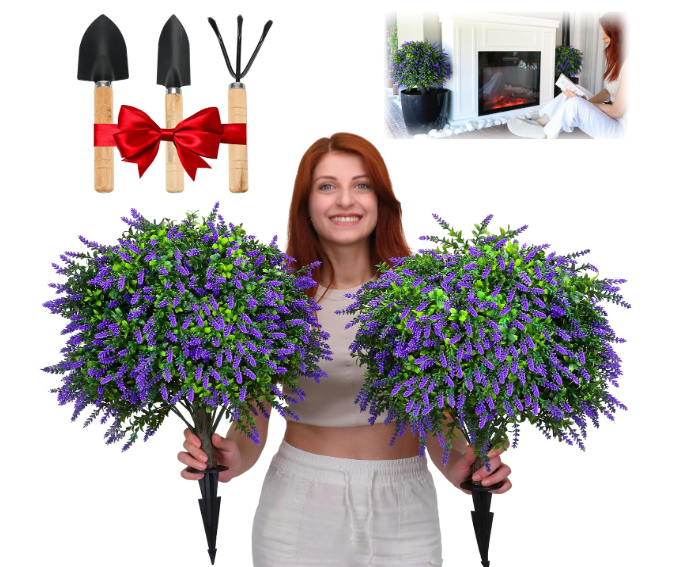 Artificial Lavender Topiary Balls Set of 2-24" UV Resistant Fake Boxwood Shrubs with Ground Spike, Evergreen Artificial Plant Bush for Outdoor Front Porch Patio Garden Home Decor Faux Plants