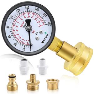 Universal Water Pressure Test Gauge Kit with Brass Hose Fittings, 3/4" Female Coupler Plus 5 Adapters to Test in Multiple Systems, 0-200 Psi Hydraulic Pressure Tester (2.1" Dial)