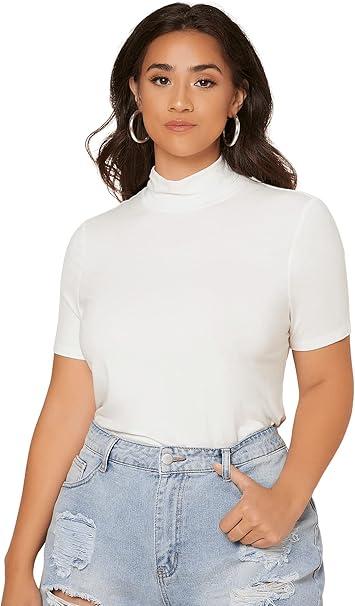 SweatyRocks Women's Plus Size Short Sleeve Mock Neck Top Solid Basic Tee Shirt M