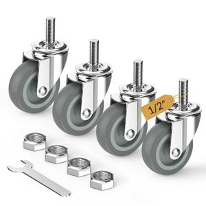 HOLKIE Caster Wheels 3 inch with No Brake Stem Casters, 1/2" -13 x 1-1/2" (Stem Diameter 1/2", Stem Length 1-1/2") Threaded Swivel Casters Set of 4 Heavy Duty Castors Grey