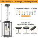 Outdoor Pendant Light Fixture E26 3-Light Modern Black Metal Outside Chandelier Exterior Hanging Fixture Ceiling Mount with Clear Glass for Porch Front Door Entrance Entryway, 1 Pack, 18 Inch