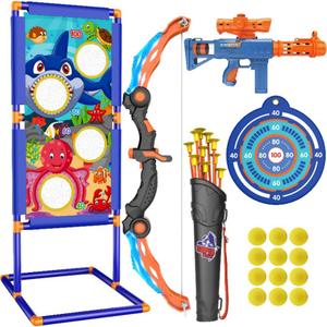 KKONES Kids Bow and Arrow Set, 2 in 1 Shooting Game with LED Light Up Archery Toy, Foam Balls, Suction Cup Arrows, Target, Quiver, Indoor Outdoor Toys for Kids Boys Girls Gifts