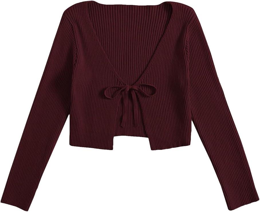 Floerns Women's Tie Front Long Sleeve Rib Knit Shrug Sweaters Cardigan Crop Top M
