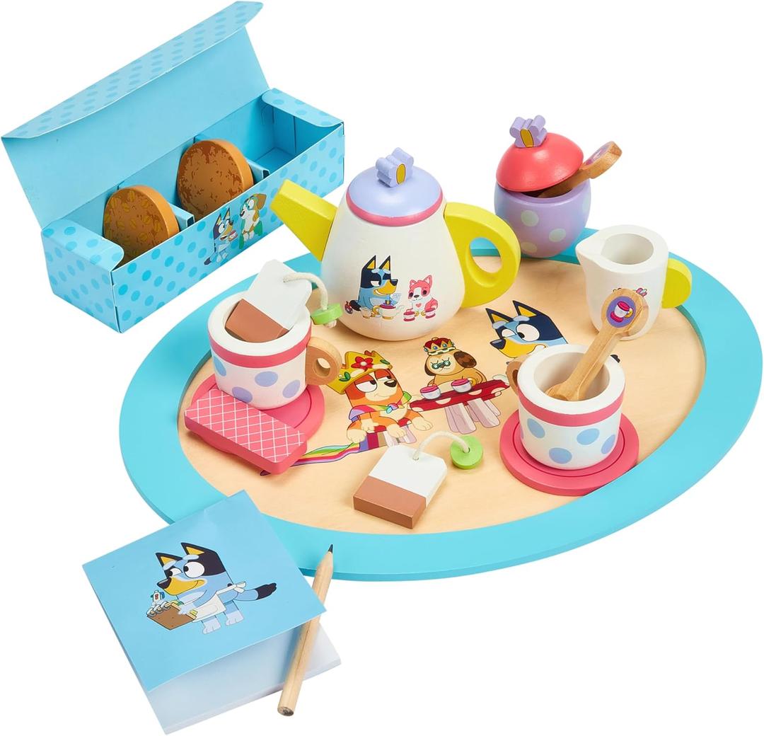 8th Wonder Bluey Toys Wooden Tea Party Set, 18-Piece Durable Toy Tea Set with Tray, Teapot, Teaspoons, and More, Pretend Play for Toddlers of Ages 3+