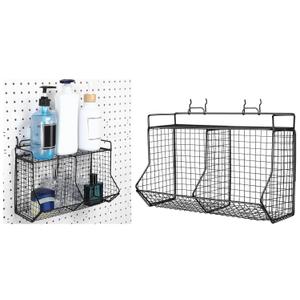 Huwena Pegboard Baskets Bins Set with 2 Hooks Black Pegboard Parts Storage System Metal Garage Tool Organizer for Workbench Bathroom Kitchen Accessory Storage(1Grid,Black)