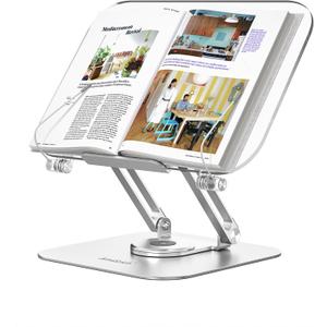 ACIsland Acrylic Book Stand for Reading-Adjustable Holder with 360 Rotating Base & Page Clips- Foldable Desktop Ricer for displaying Cookbook-Sheet Music-Laptop-Recipe-Textbook-Hands Free-Aluminium (Transparent)