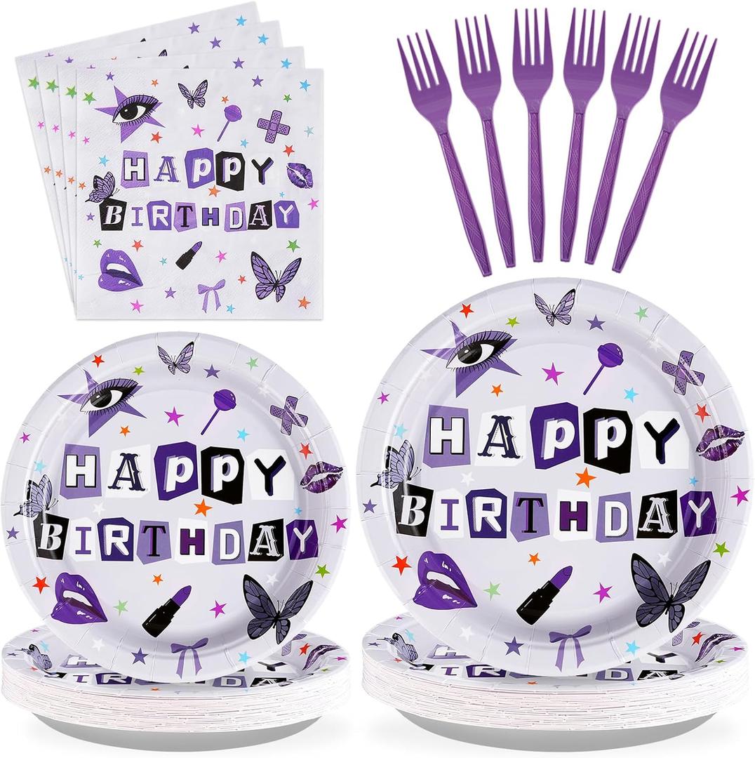 96Pcs Purple Music Party Decorations Purple Birthday Plates and Napkins Disposable Paper Tableware Set for Vocalist Music Tour Concert Fans Gathering Birthday Party Supplies, Serves 24