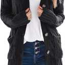 PRETTYGARDEN Long Sleeve Cable Knit Long Cardigan for Women 2025 Fall Winter Chunky Open Front Button Sweaters with Pockets (Small, Black)
