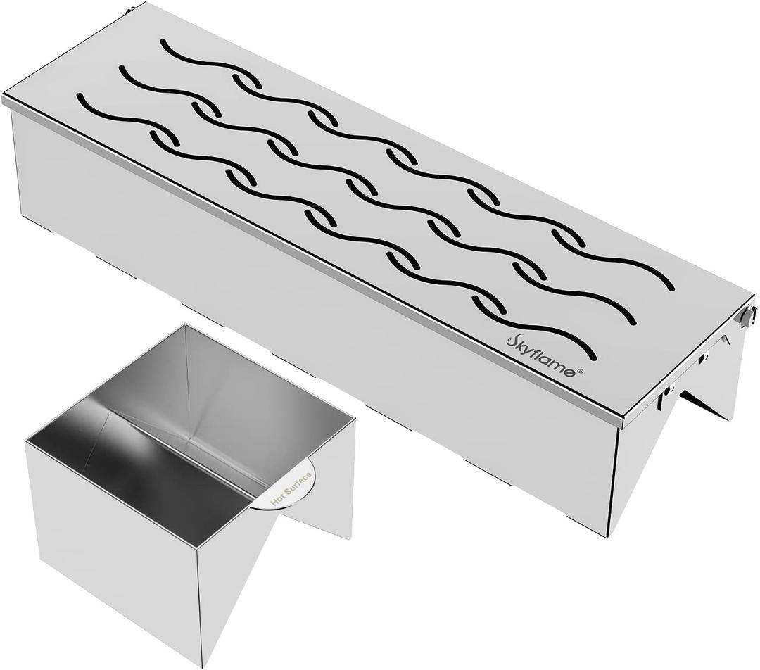 Skyflame Stainless Steel Smoker Box with Canister Can, Double V-Shape BBQ Wood Chips Smoky Box Designed by Wavy Vent and Hinged Lid, 12 Compact Size for Gas/Charcoal Grill Kebob Smoky Grilling