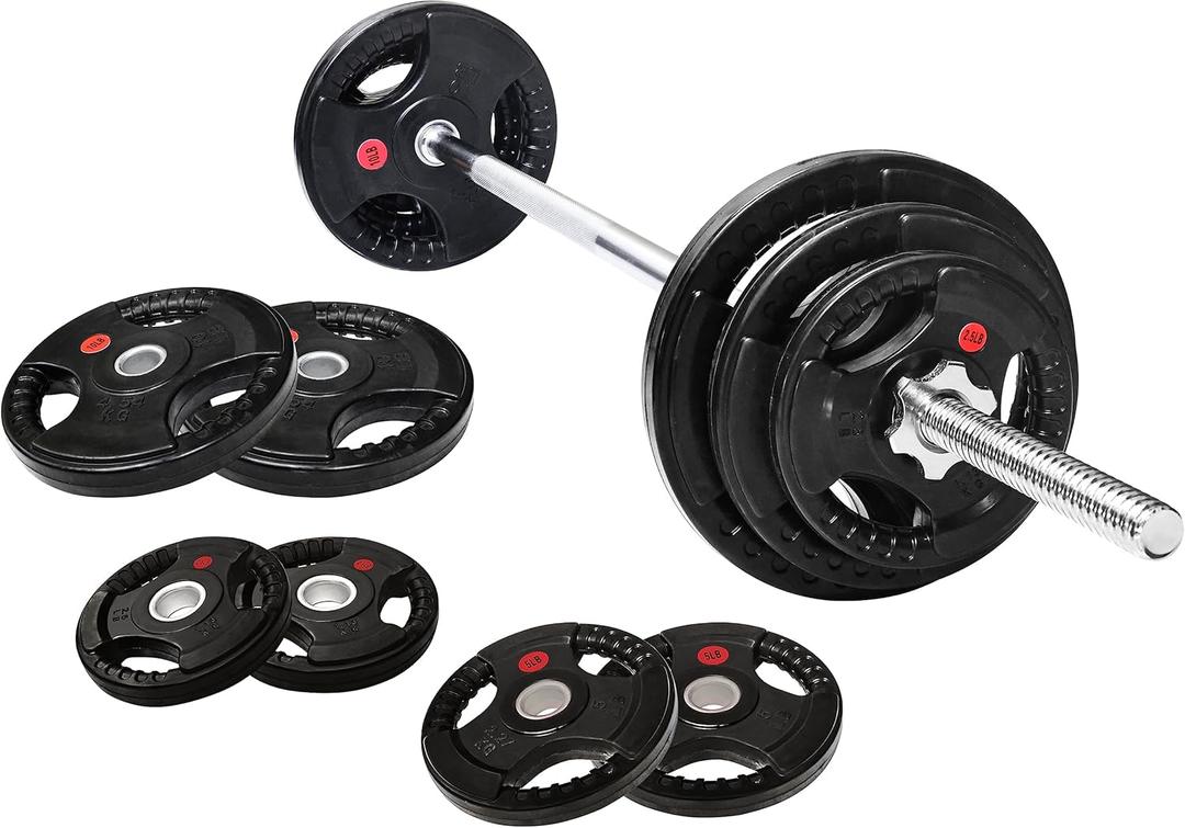 1 Inch Cast Iron Standard Weight Plates with 5FT Standard Barbell Bar & Star Locks, Total 45 Pounds Set (35 Lbs Plates + 10 Lbs Bar)