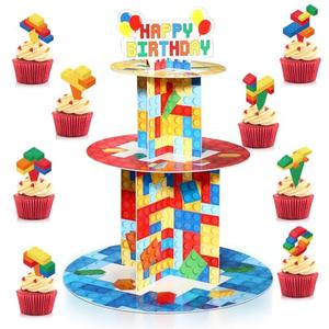 Zopeal Building Block Party Decoration 3 Tier Cupcake Stand with 24pcs Cupcake Toppers Colorful Blocks Birthday Cake Stand Holder Cardboard Dessert Tower for Brick Birthday Party Supplies Decoration