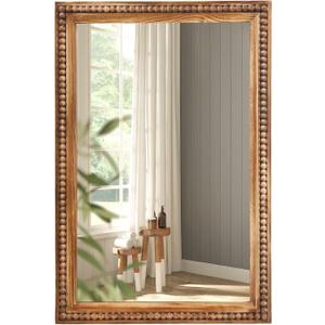 ULIKE Rectangular Wood Mirror with Natural Wooden Bead Frame, 24x36 Inch Rustic Farmhouse Wall Mirror for Bathroom Nursery Bedroom Living Room Brown