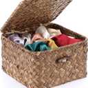 Hipiwe Seagrass Basket with Lid Wicker Storage Basket Square Handwoven Decorative Baskets Box for Shelf Multipurpose Household Baskets Home Decor,X-small (Coffee)