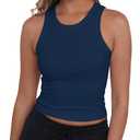 GEMBERA Women Sleeveless Crewneck Ribbed Knit Fitted Casual Basic Racerback Tank Top Tee Shirt(3936 Navy Blue S)