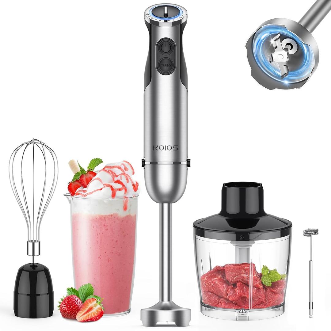 KOIOS Immersion Hand Blender, 5-in-1 Hand Blender with Entire Stainless Steel Blender Shaft, Full Copper Motor, Built in 12 Speed Turbo Stick Blender, Handheld blender for Baby food, Smoothies, Soups (Silver)