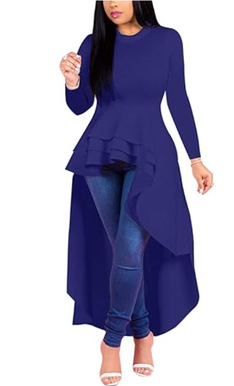 Women's Lantern Long Sleeve Round Neck High Low Asymmetrical Irregular Hem Casual Tops Blouse Shirt Dress Blue 3 XL