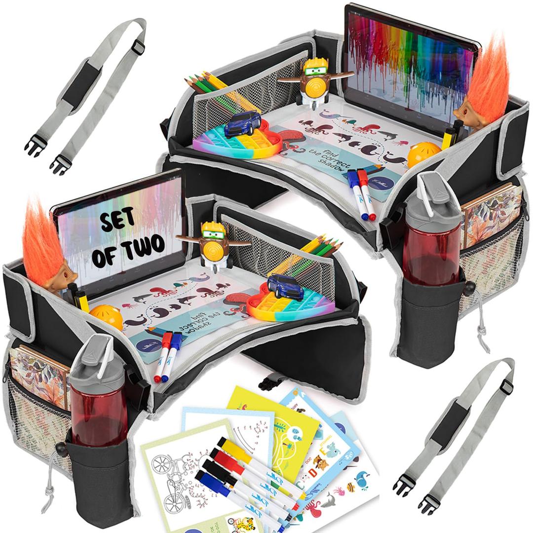 PILLANI Kids Travel Tray for Car - Carseat Tray w/iPad Holder & Dry Erase Board, Road Trip Essentials - Toddler Lap Desk Organizer for Airplane - Roadtrip Activities & Travel Essentials - Pack of 2