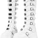 CELNEPHO Womens Wedge Platform Knee High Boots High Heel Round-Toe Zip Punk Goth Mid Calf Combat Boots For Women (White)