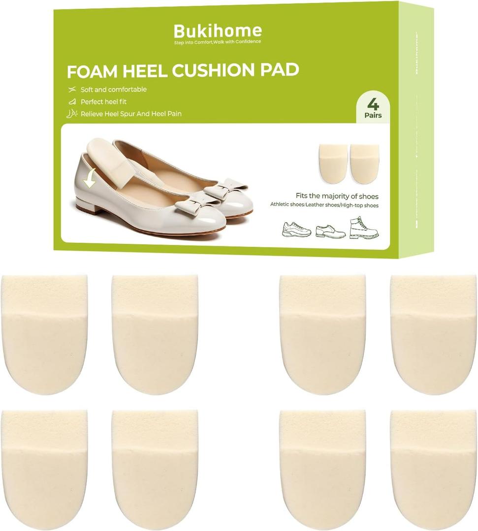 Bukihome Heel Cushion Pads - 4 Pairs Memory Foam Heel Lift for Achilles Tendonitis, Heel Wedge Inserts for Plantar Fasciitis, Sore Heel, Bone Spur, 1/2'' Shoe Lift Inserts for Women & Men