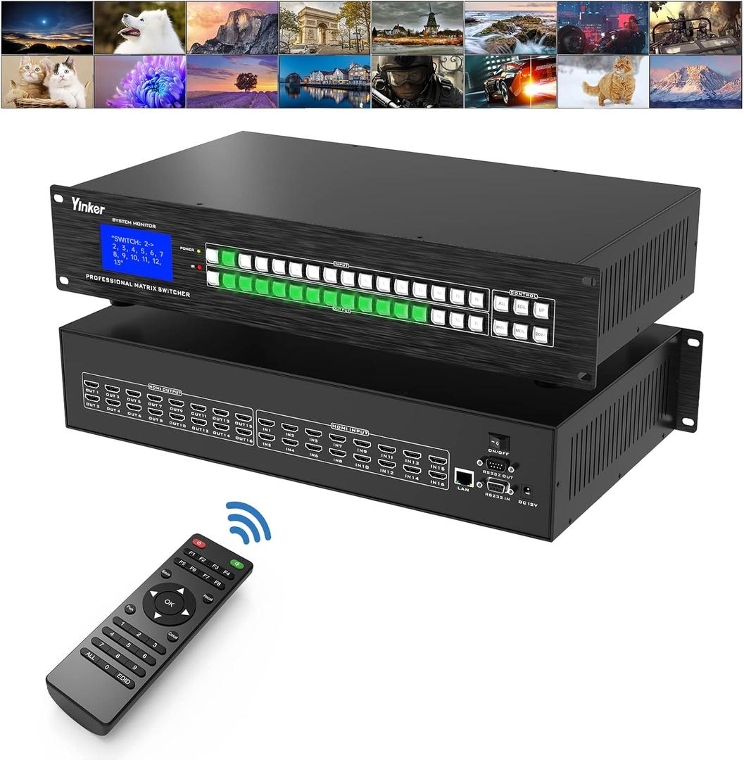 16x16 HDMI Matrix Switcher & Splitter, 4K@30Hz, Rack Mount, IR Remote, EDID, HDCP, RS232, LAN Control (16 in 16 out)