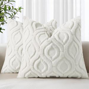 decorUhome Throw Pillow Covers 18x18 Inch Set of 2, Soft Plush Faux Wool Cream White Solid Couch Pillow Covers, Accent Farmhouse Neutral Square Pillow Cases for Sofa Bed Living Room