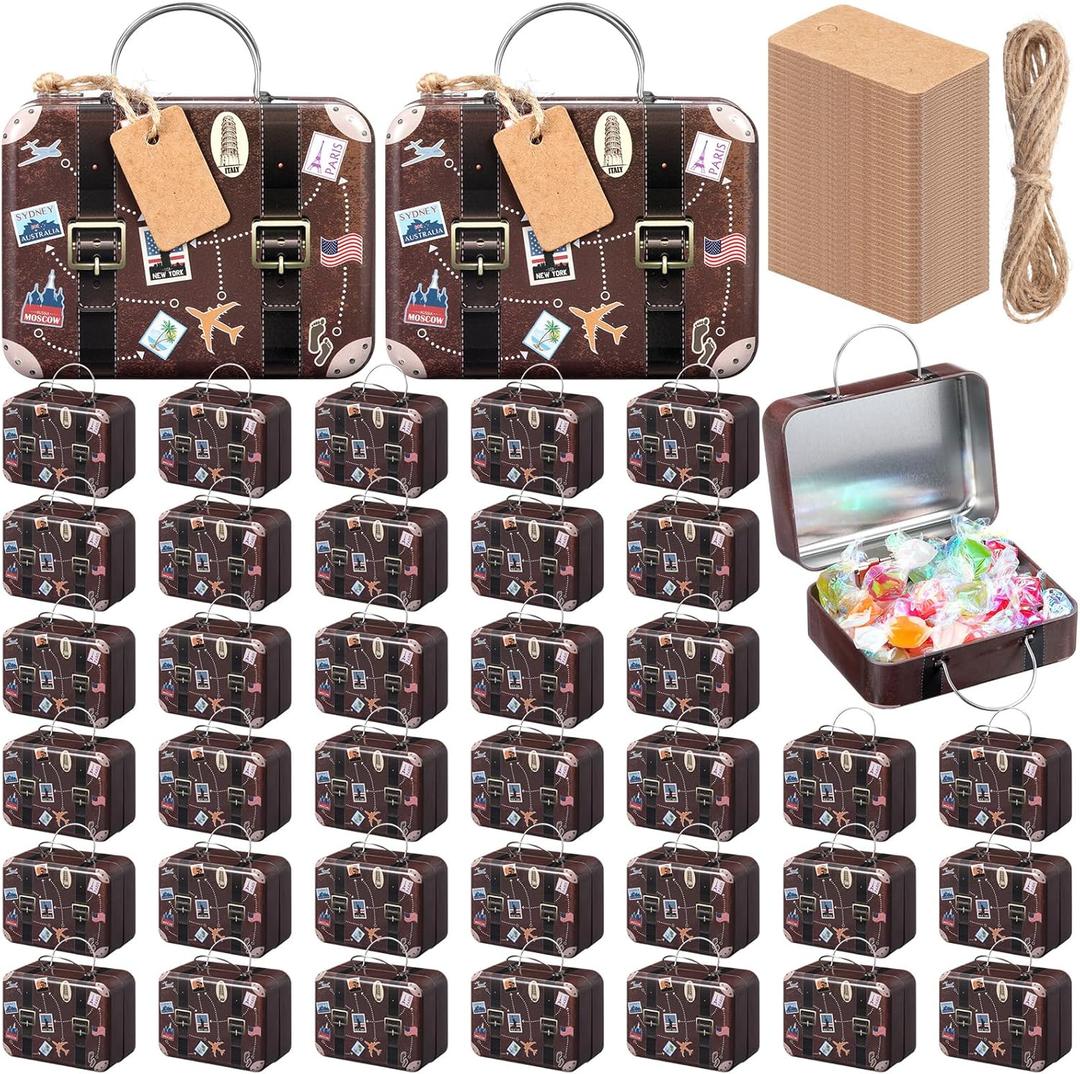 24 Pieces Mini Suitcase Boxes, Tin Plate Candy Party Favor Gift, Small Suitcase Box for Party Wedding Travel Bride Shower Decoration, with Labels and Hemp Rope