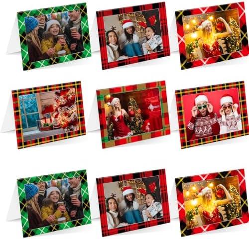 Motiskyy 100 Set Christmas Photo Frame Greeting Cards with Envelopes and Stickers Bulk Christmas Picture Cards with 4 x 6 Photo Insert Xmas Holiday Party Greeting Supplies(Plaid)
