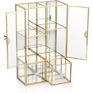 ELLDOO Clear Glass Storage Box with 2 Drawer, Gold Mirrored Jewelry Makeup Display Organizer Case, Decorative Tower Box Storage for Trinket Perfume Lipstick Figure Statue Toy Display