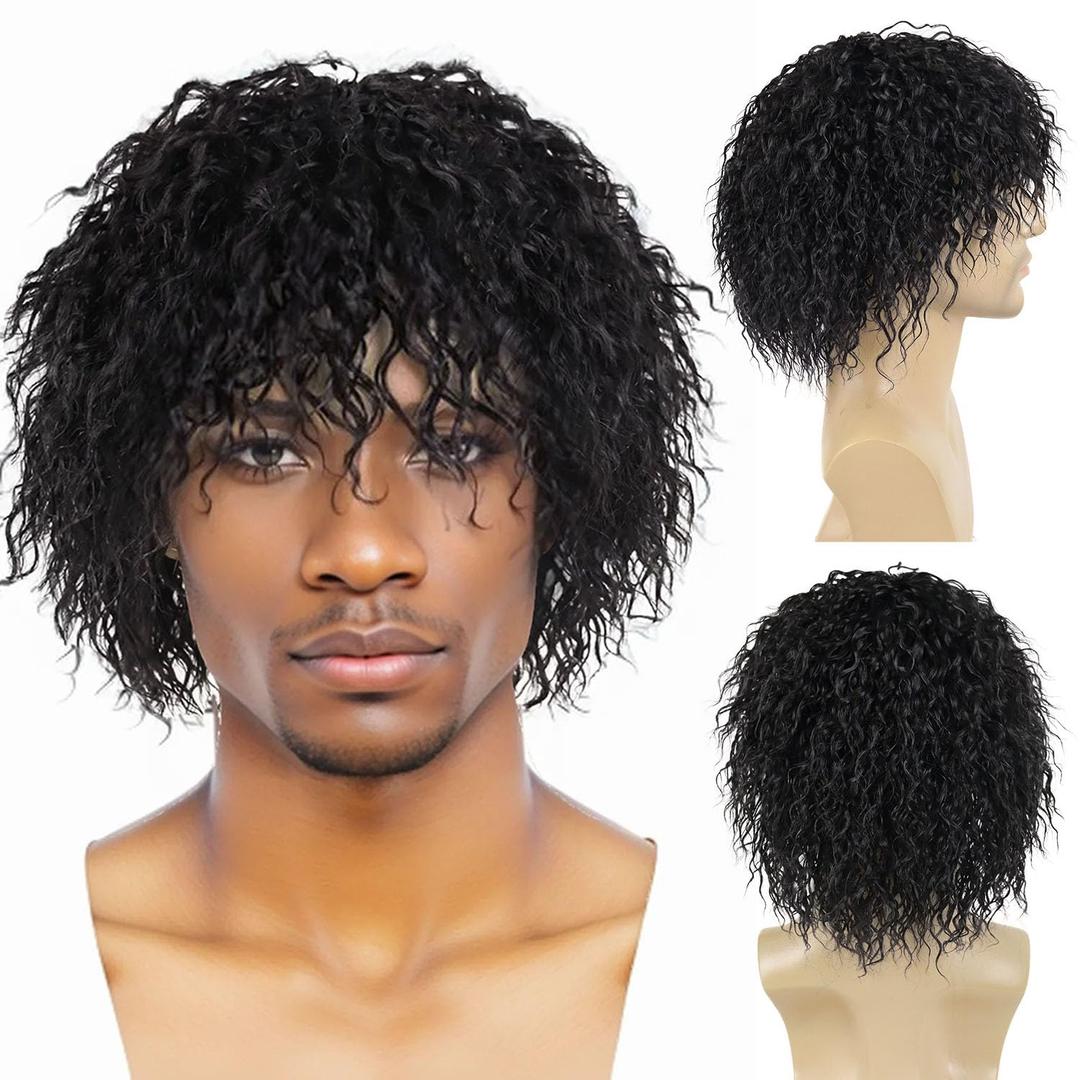 GNIMEGIL Black Curly Wigs for Men 12 inch Short Wig with Bangs Fluffy Wave Big Volume Male Wigs Cosplay 70s 80s Punk Costume Party Synthetic Hair