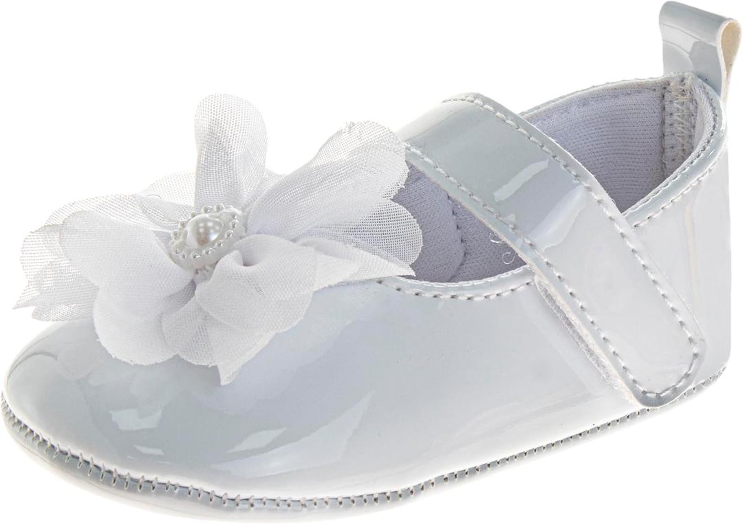 Josmo Baby Girl Dress Shoes Soft Sole Flats Crib Shoes Bowknot & Floral Design for Newborn & First Walker Sandals Size 2-4 Infant (White)