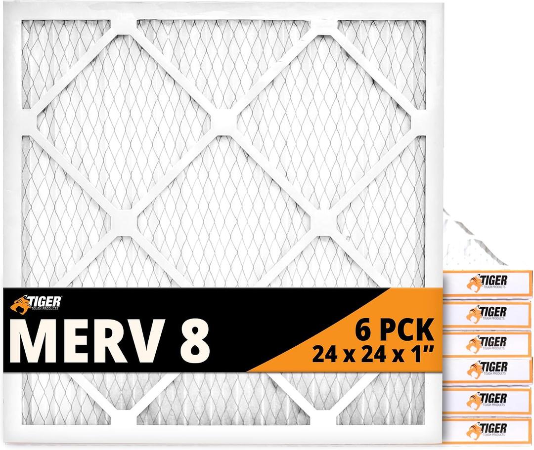 Tiger Tough 24x24x1 Air Filter MERV 8 MPR 600-800, High-Performance Pleated HVAC AC Furnace Filter Replacement for Home, 6-Pack