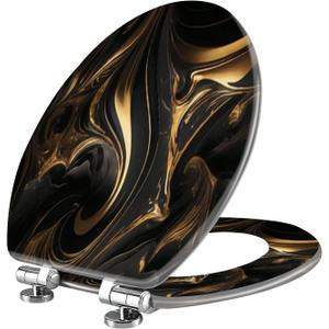 Elongated Toilet Seat Abstract marble fluid art painting alcohol ink style a black gold Resin Toilet Seat Slow Quiet Close with Quick-Release Hinges Toilet Seat with Cover Easy to Clean Install (18.5"x14.5", Multi2)