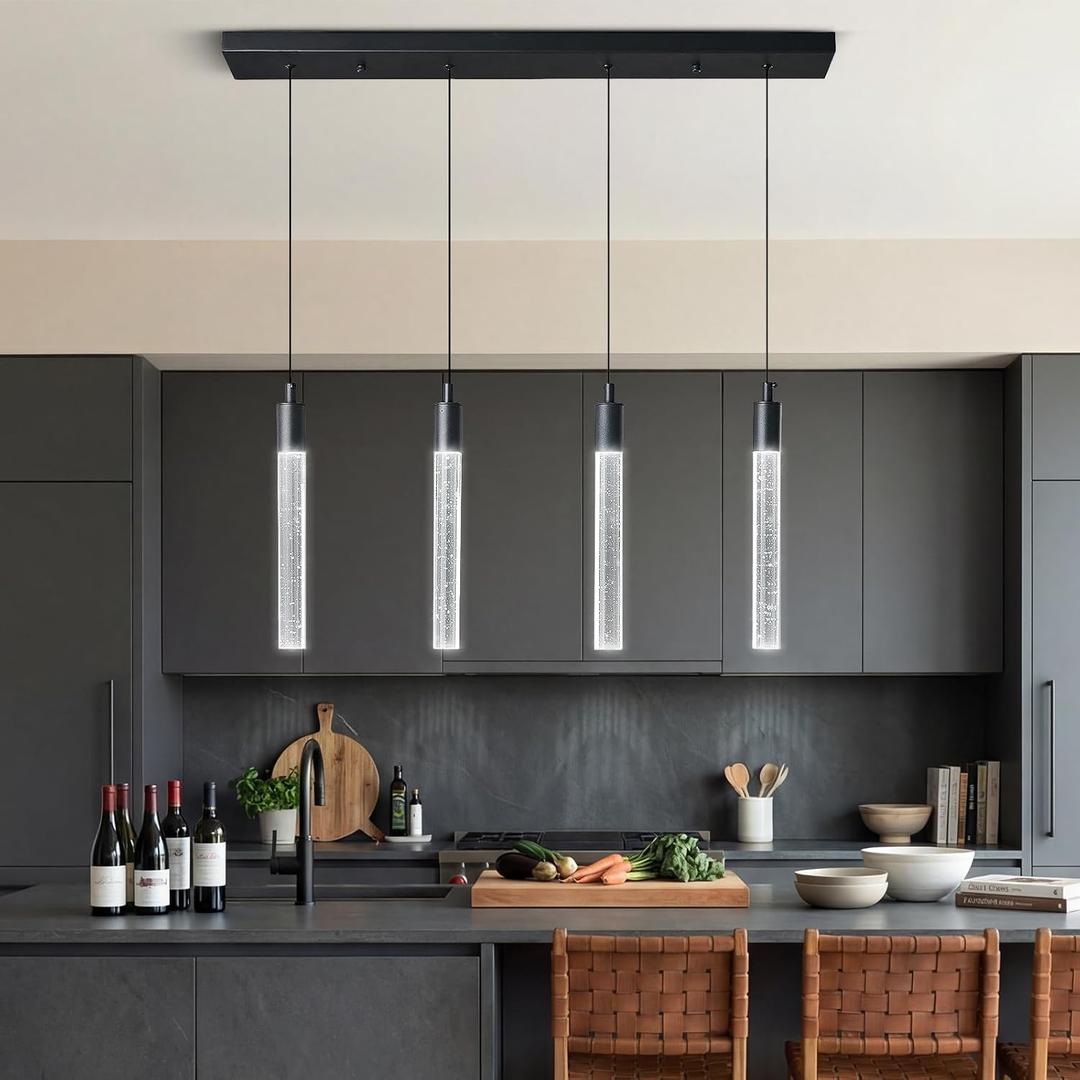 Kitchen Island Lighting Modern Light Fixture Black Pendant Light Dimmable LED Black Finish Mini Crystal Pendant Lights for Dining Room Living Room4-Light