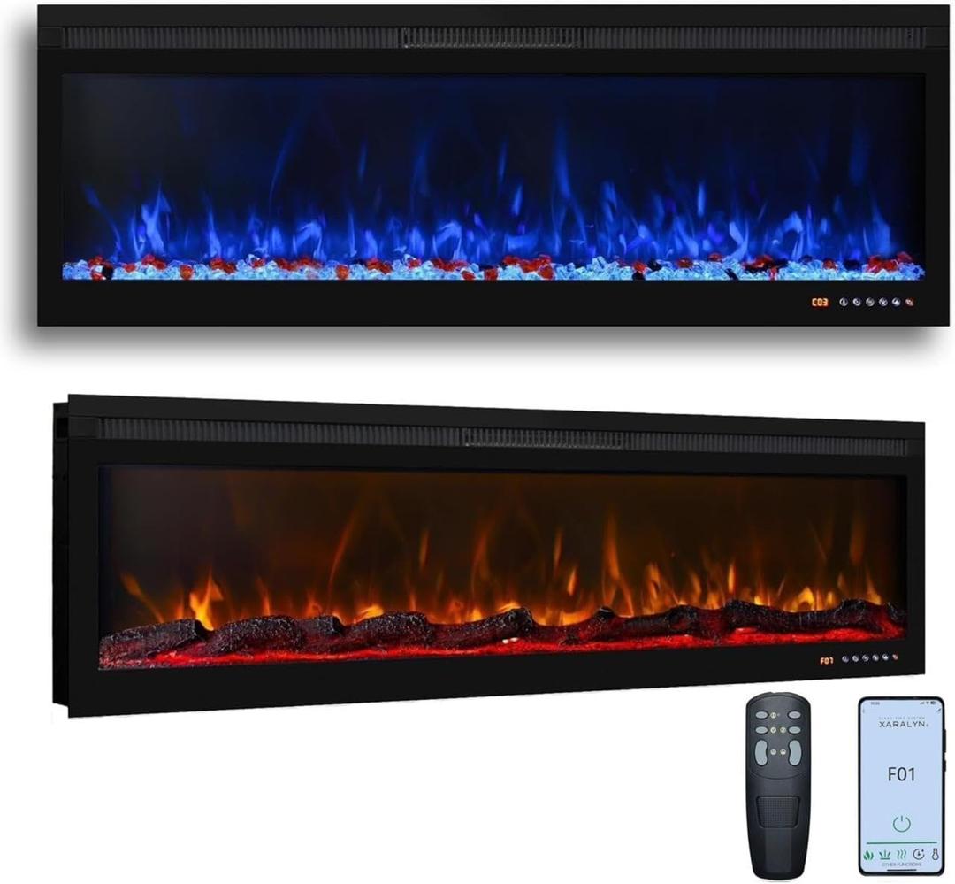 Heater, Wi-Fi Enabled Wall Mounted and Recessed Electric Fireplace, Remote & Touch Screen, Log Set & Crystal, 13 Adjustable Flame Color, Thermostat, 1-9H Timer, 750w/1500w (72'' App)