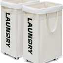 Goodpick Laundry Baskets with Wheels and Handle, 2-Pack 75L Collapsible Laundry Baskets, Clothes Laundry Basket with Removable Wash Bags for Corner Dorm, White Rolling Laundry Hamper